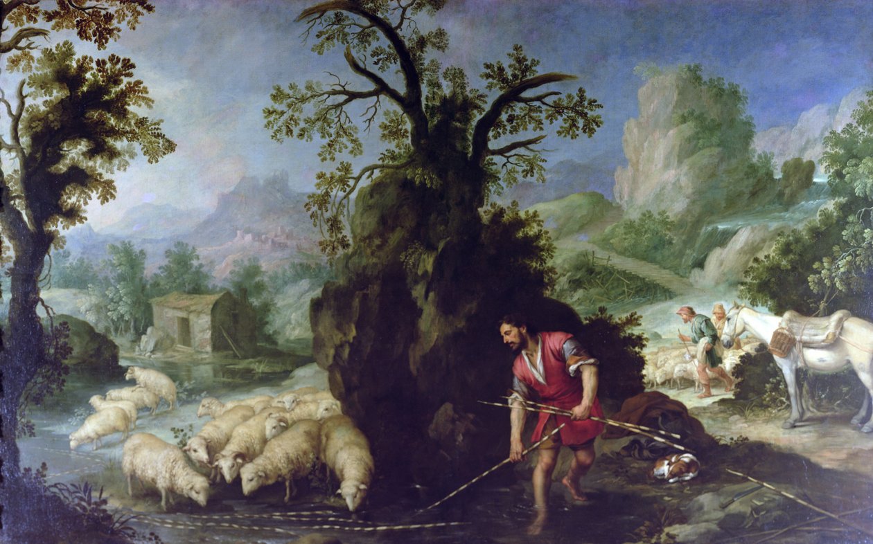Jakob sætter de skrællede stænger før Labans flokke sved av Bartolomé Esteban Murillo