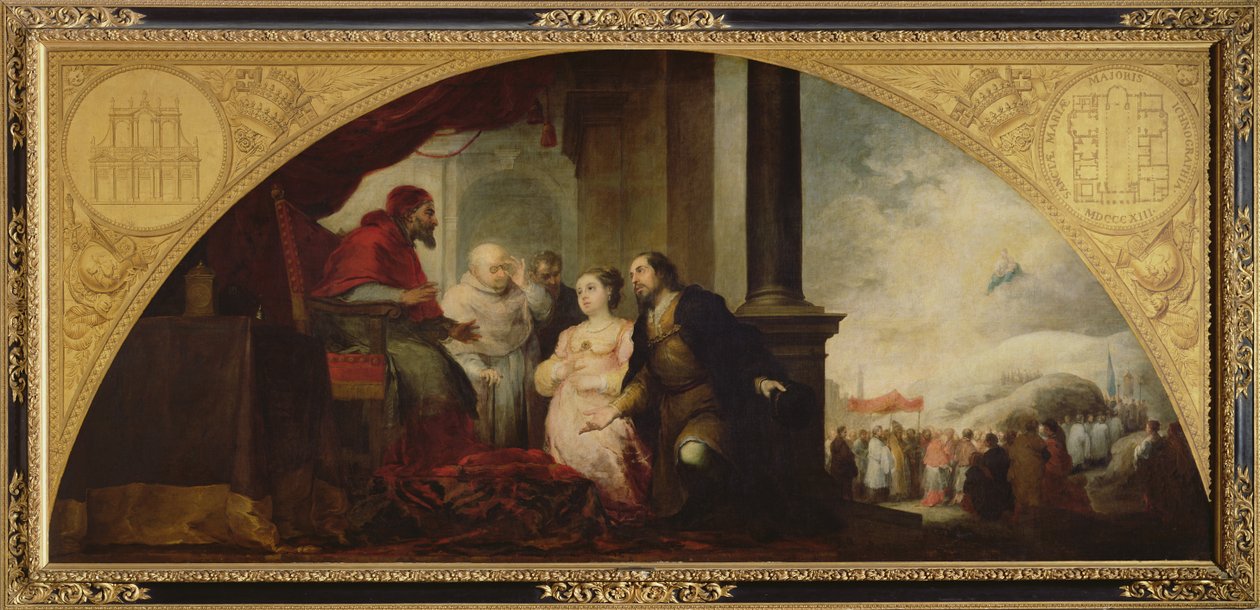 Berättelsen om grundandet av Santa Maria Maggiore i Rom: Patricianen avslöjar sin dröm för påven, ca 1662-65 av Bartolomé Esteban Murillo