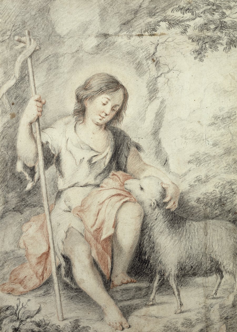 Den unge Johannes Döparen med lammet i ett klippigt landskap (röd och svart krita på papper) av Bartolomé Esteban Murillo