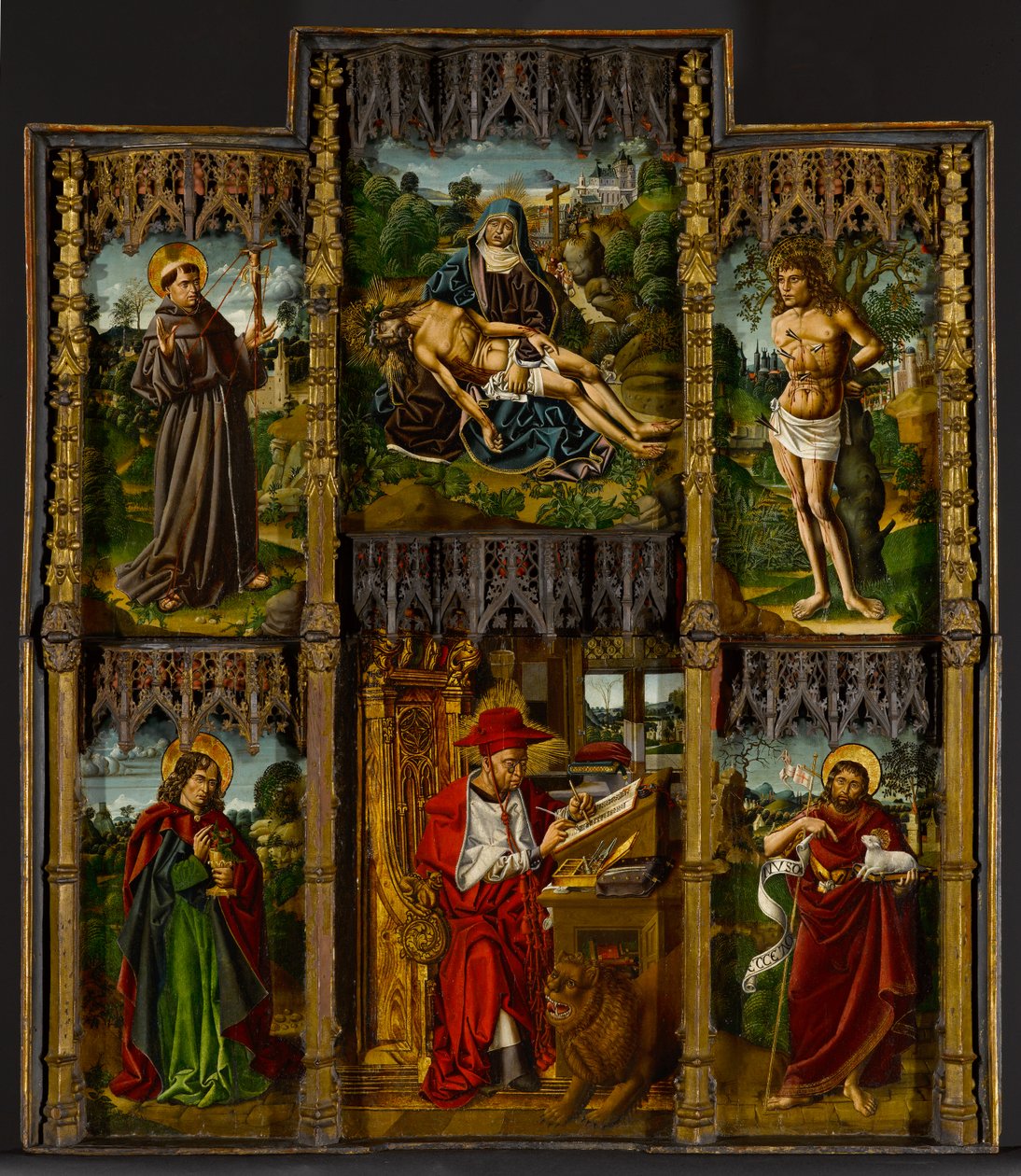 Bärbar altartavla: Pietà, Saints Francis, Sebastian, Johannes evangelisten, Hieronymus och Johannes Döparen, ca 1500 av Bartolomé Bermejo