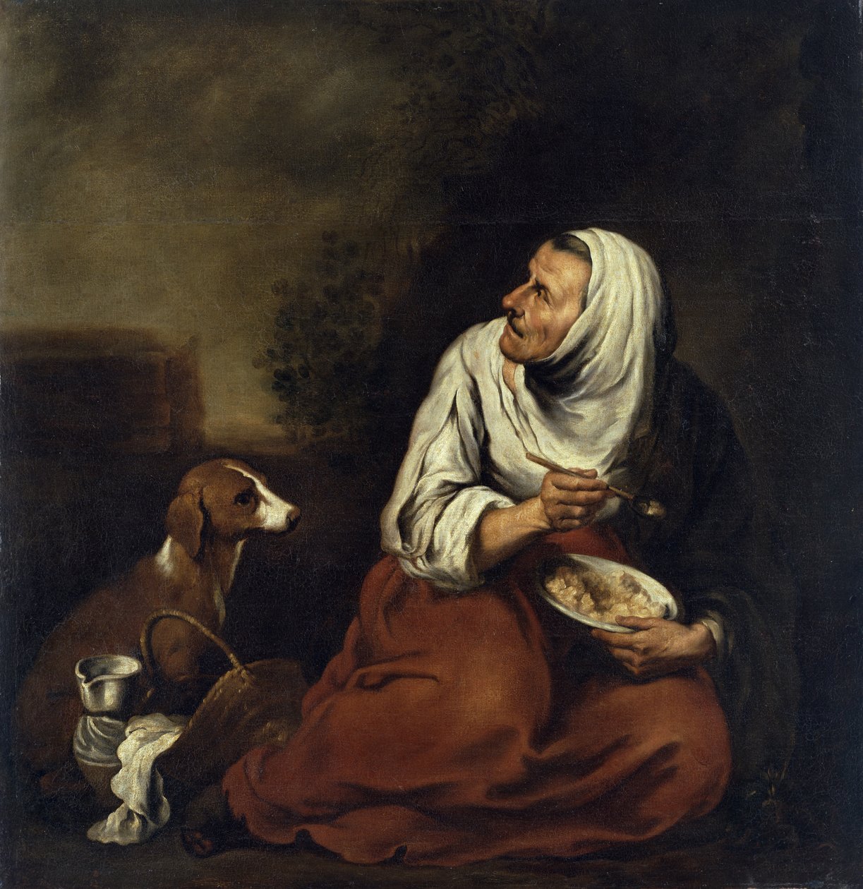 Gammal kvinna med hund av Bartolomé Esteban Murillo