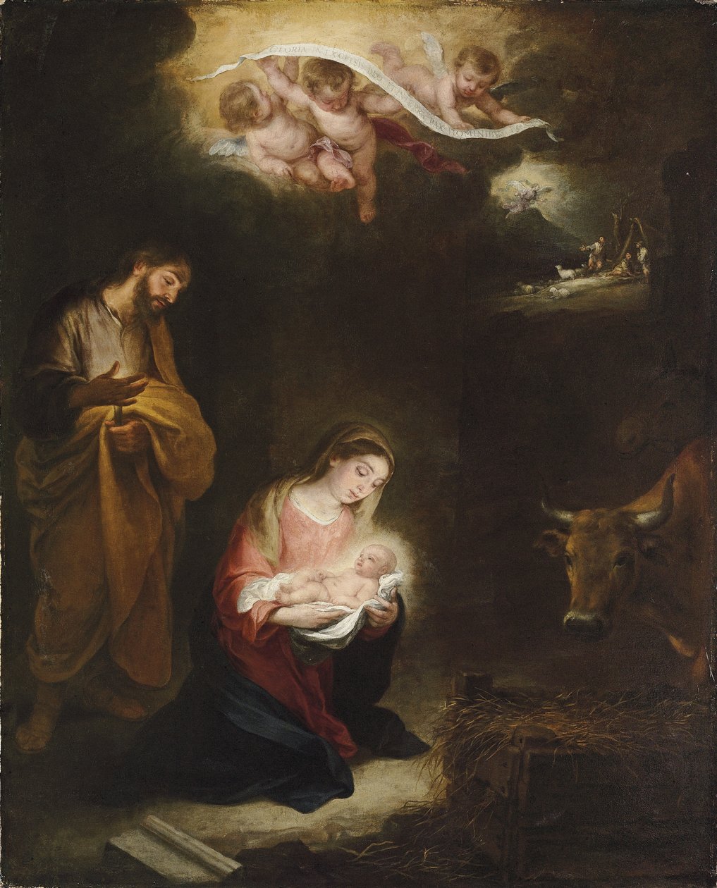 Födelsekyrkan med bebådelsen till herdarna bortom av Bartolomé Esteban Murillo