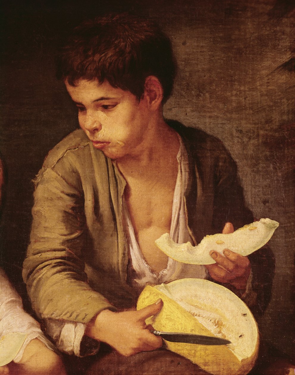 Detalj av två barn som äter en melon och vindruvor, 1645-46 olja på duk se 161023 av Bartolomé Esteban Murillo