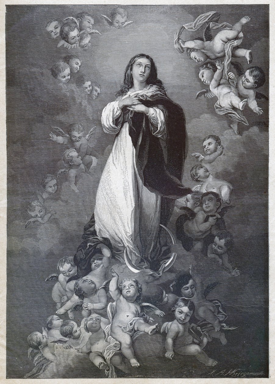 Obefläckad befruktning. (gravyr, cirka 1900) av Bartolome Esteban (after) Murillo