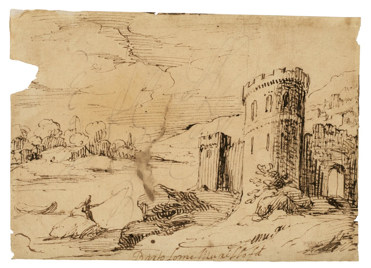Ett flodlandskap med en fiskare nära ett slott av Bartolomé Esteban Murillo