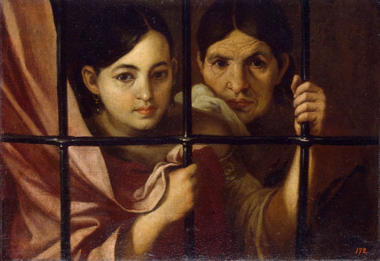 Deux femmes derriere une grille (Två kvinnor bakom ett galler) - Målning av Bartolome Esteban Murillo (1617-1682), olja på duk av Bartolomé Esteban Murillo