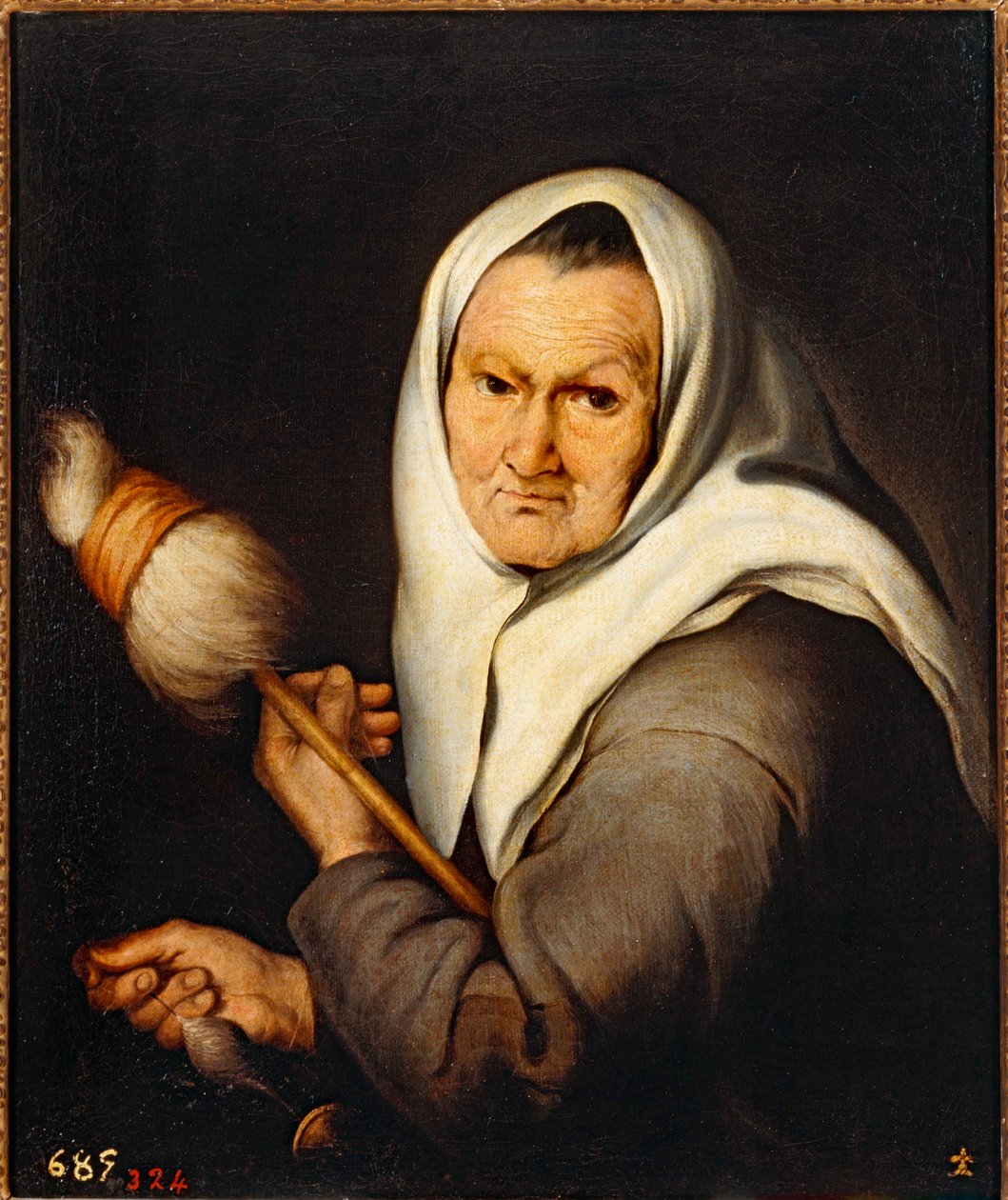 Gammal kvinna som väver ... (olja på duk) av Bartolomé Esteban Murillo