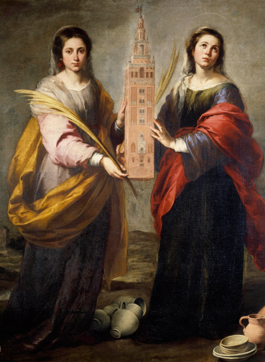 Saints Juste och Rufine (eller Ruffine) beskyddare av staden Sevilla, de bär Giralda, den före detta minaret i den stora moskén som har blivit från klocktornet i katedralen i Sevilla - målning av Bartolome Murillo (1618-1682) runt omkring 166 av Bartolomé Esteban Murillo