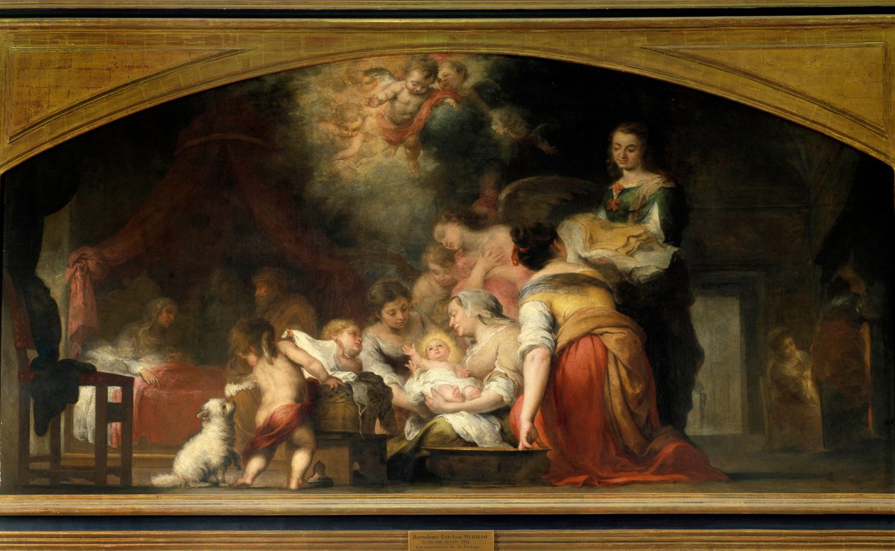 Jungfru Marias födelse föder Maria. Målning av Bartolome Murillo (1618-1682) 1661 Sön. 1,79x3,49 m Paris, Louvren av Bartolomé Esteban Murillo