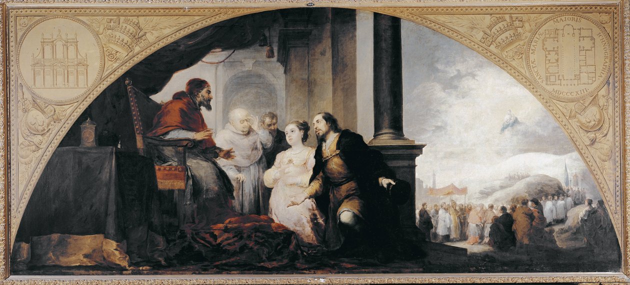 Grunden till basilikan St. Mary Maggiore. Patriciern Johannes och hans hustru avslöjade för påven Libere (Liberius) av Rom (påven 352-366) tillsammans med två kyrkliga deras dröm. Målning av Bartholomew Stephen Murillo (1617-1682). av Bartolomé Esteban Murillo