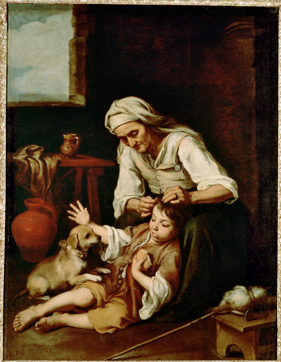 Vieja espulgando a un nino - en gammal kvinna som tvättar en pojkes hår ... (målning på duk) av Bartolomé Esteban Murillo