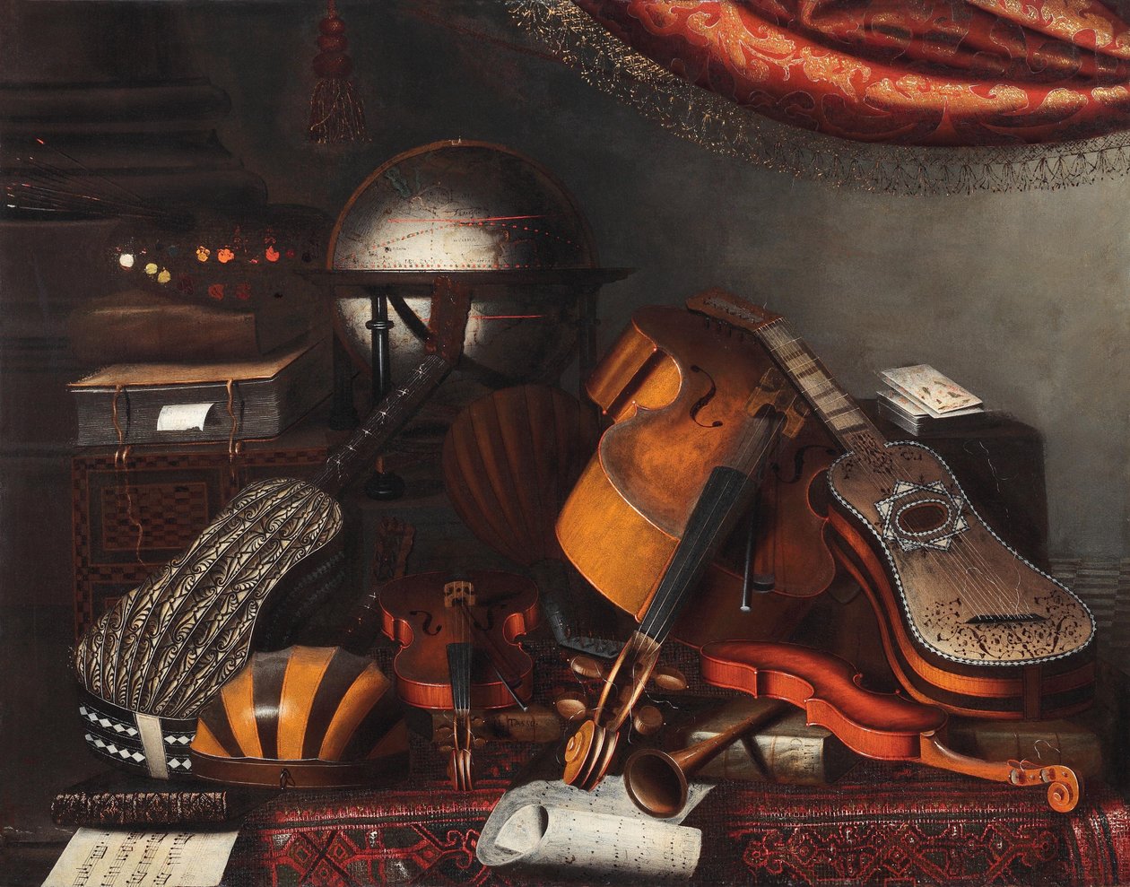 Musikinstrument, en jordglob, böcker, spelkort och en målarpalett av Bartolomeo Bettera
