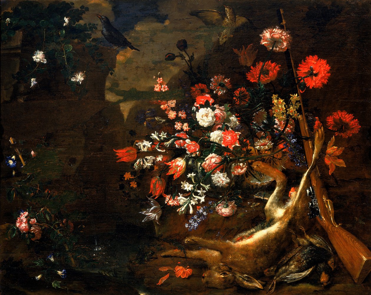Stilleben med blommor och vilt av Bartolomeo Bimbi