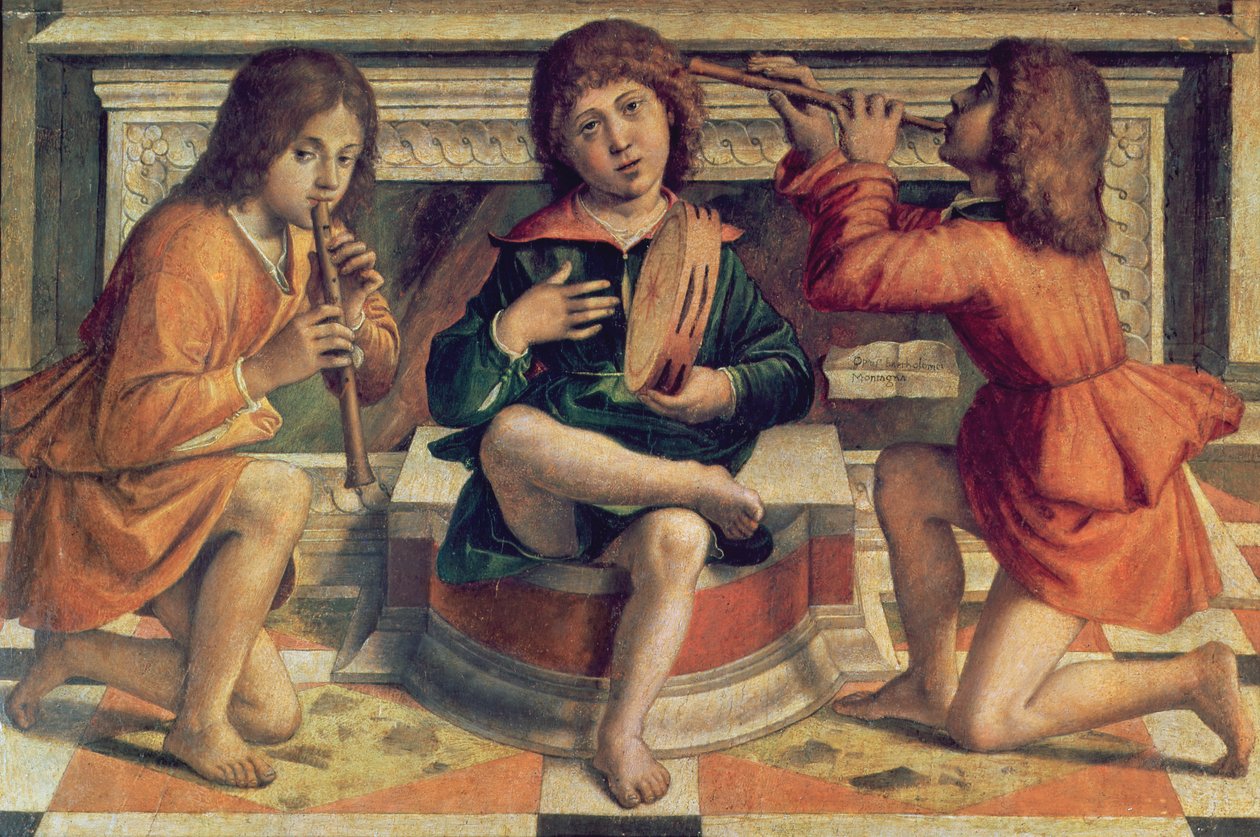 Tre ängelmusiker (olja på trä) av Bartolomeo Montagna