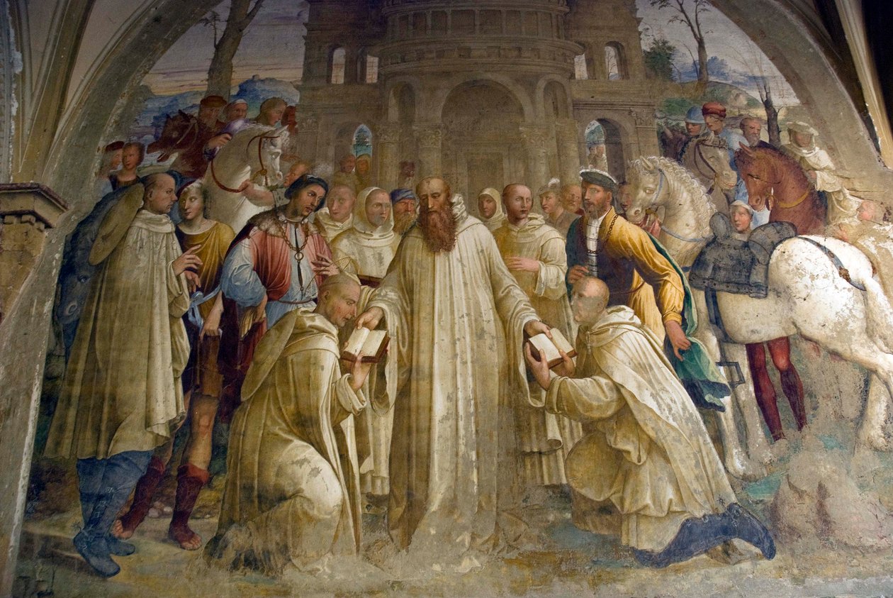 Benedetto skickar Mauro till Frankrike och Placido till Sicilien. av Bartolomeo Neroni