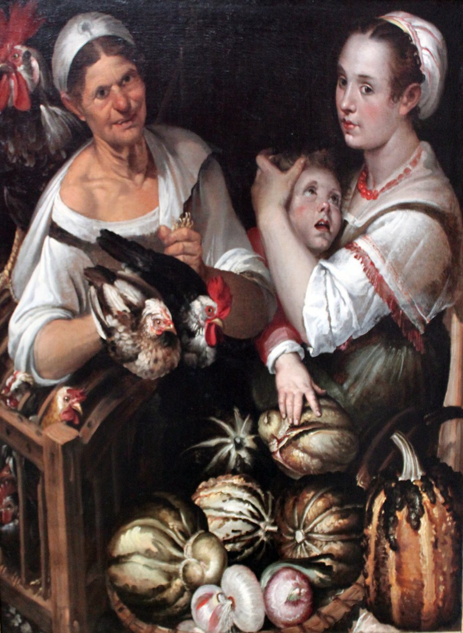Två marknadskvinnor och en pojke med fågel och grönsaker av Bartolomeo Passarotti