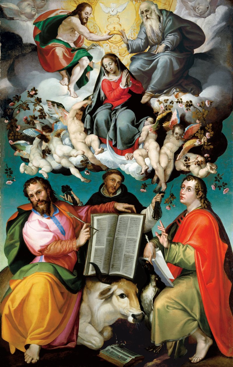 Jungfruens kröning med de heliga Luke, Dominic och Johannes evangelisten av Bartolomeo Passarotti