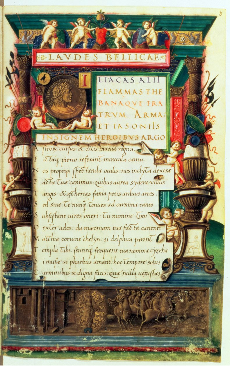 Ms 85.I.I.Aug.2, f.3r Presentationsmanuskript för Matthias Corvinus, från Laudes Bellicae av Alexander Cortesius, Rom, ca 1480-90 av Bartolomeo Sanvito