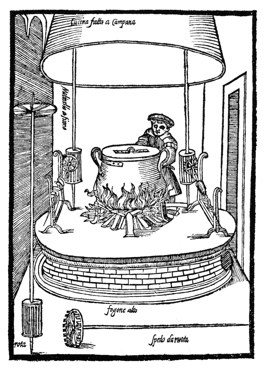 Ländliche Küche mit heißluftbetriebenen Drehspießen av Bartolomeo Scappi