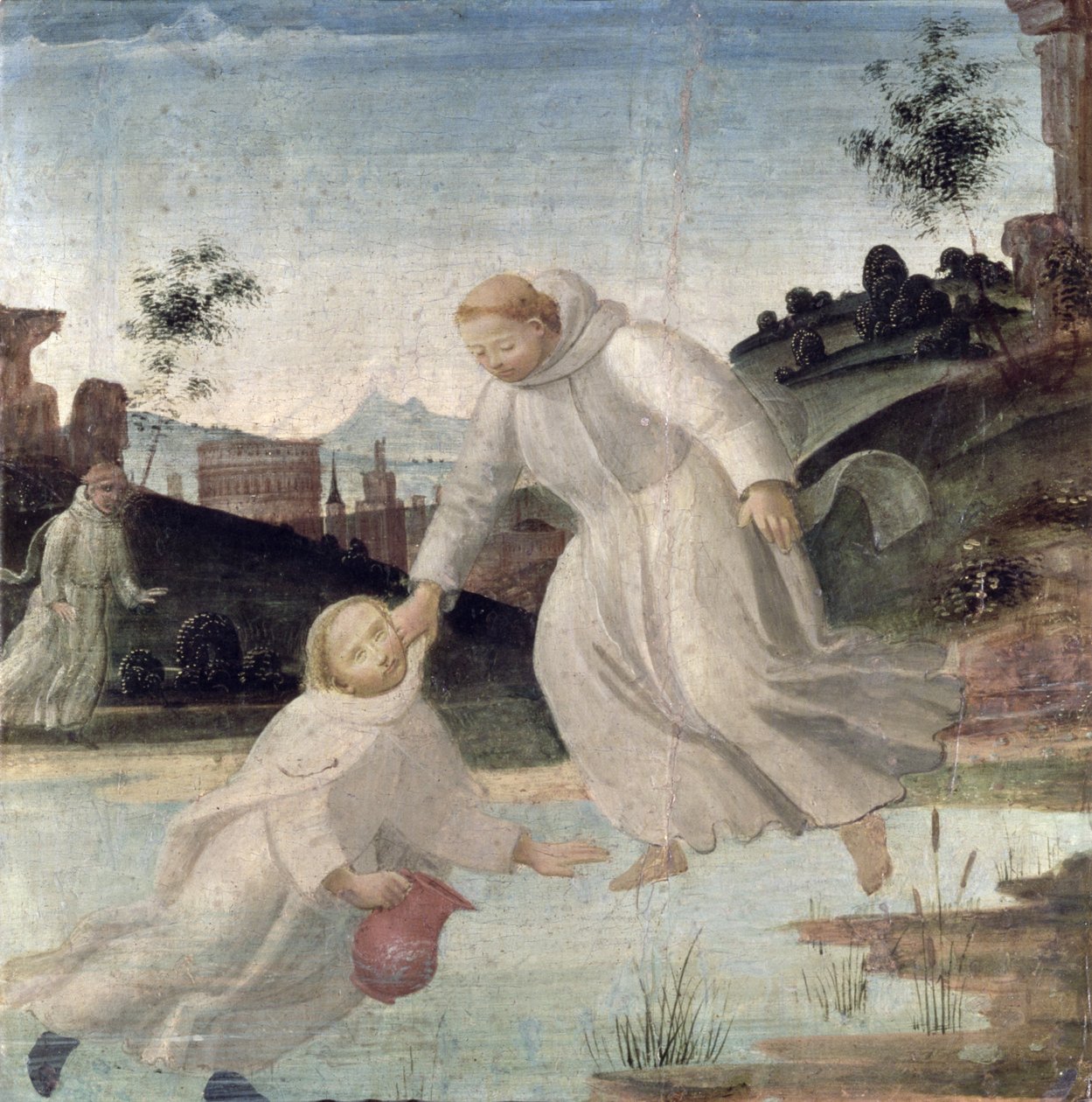 Scener ur St. Benedictus liv: Maurus, på instruktion av St. Benedikt, drar Placidus från sjön, ca 1488 (panel) av Bartolomeo di Giovanni
