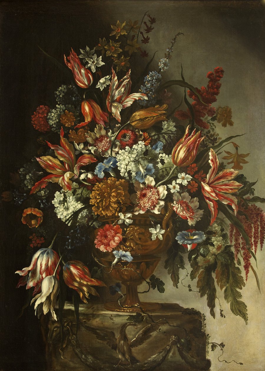Blommabit (olja på panel) av Bartolomeo (attr. to) Bimbi