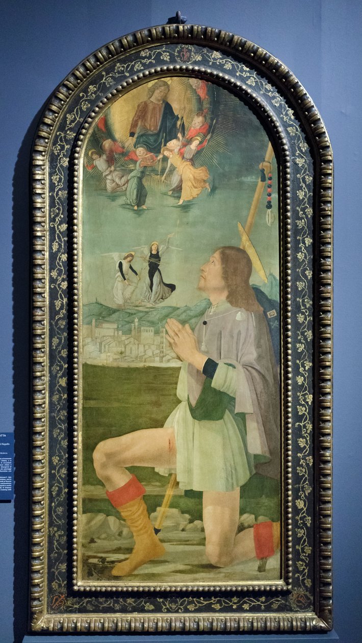Sankt Rochus driver bort pesten från Arezzo, ca 1479-80 (tempera på pannå) av Bartolomeo (attr. to) Della Gatta