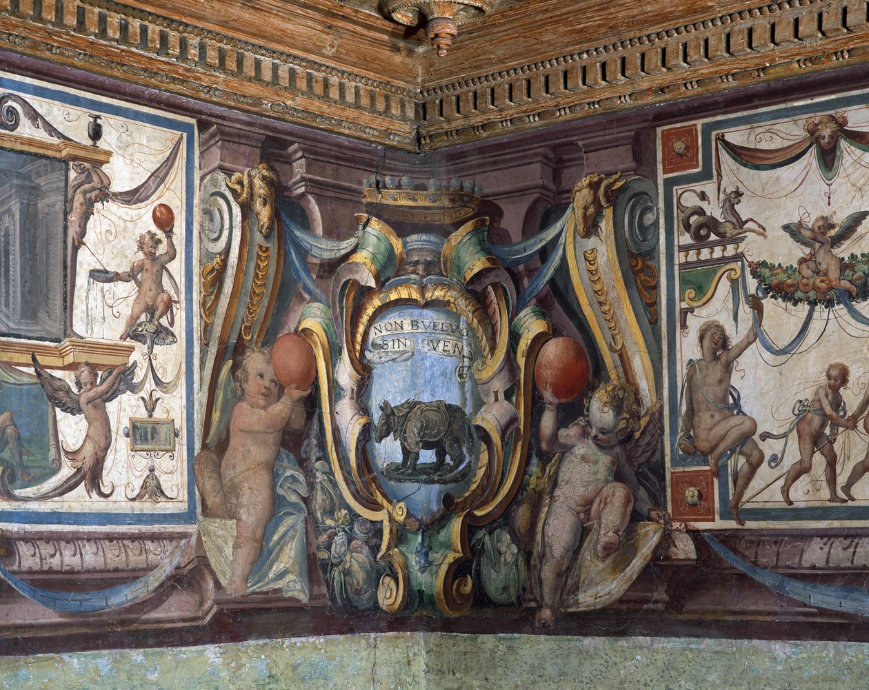 Storhertigen av Toscanas Sala del Granduca di Toscanas sal detalj av frisen som visar zodiakens tecken, noshörningen, fresk 1564-75 av Bartolomeo Ammannati