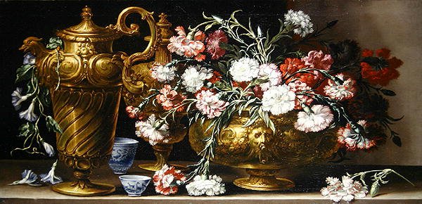 Stilleben med pinker i en låda och en florentinsk kanna på en kant (olja på duk) av Bartolomeo Bimbi