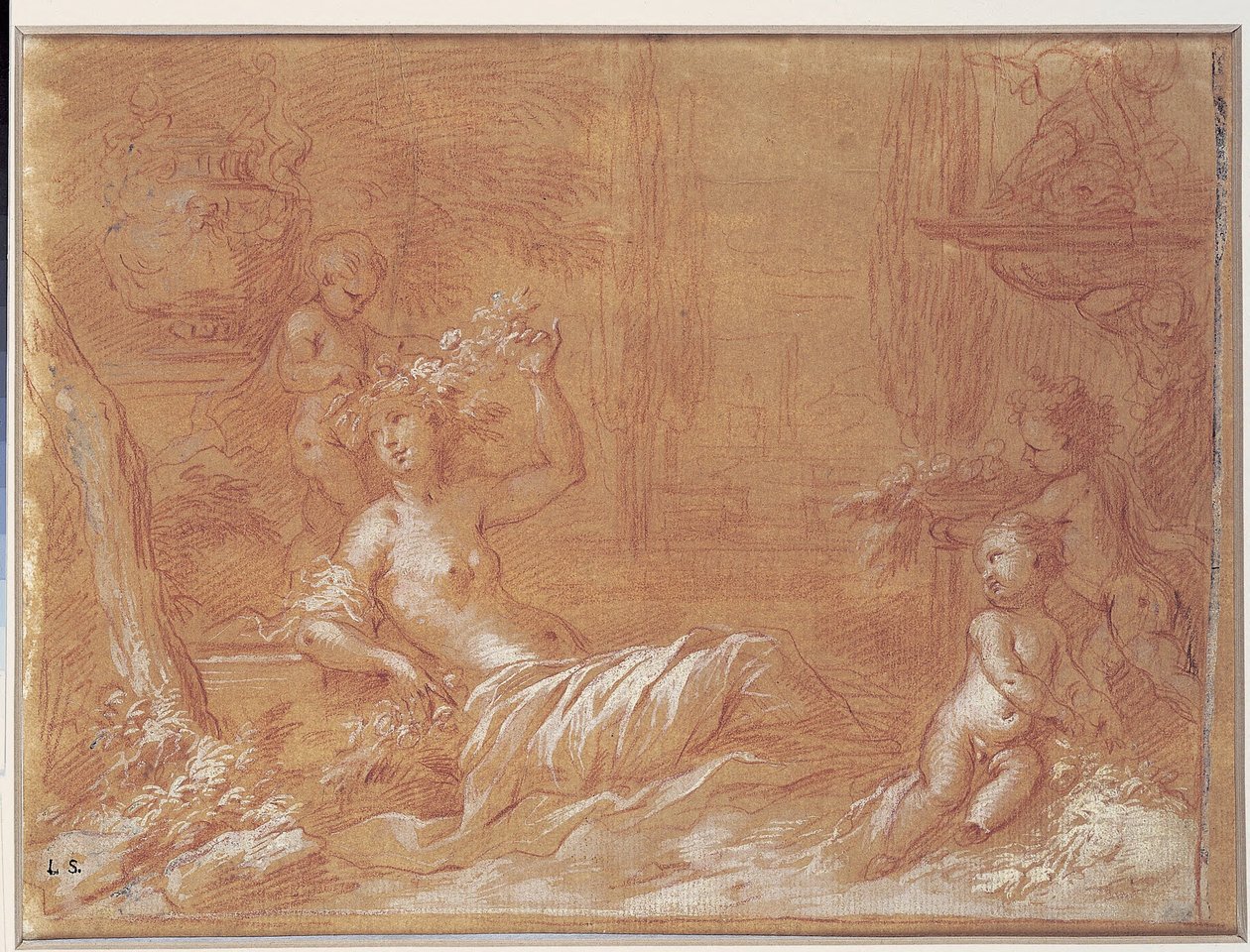 Liggande nymf i en trädgård med fontän, vas och tre amoriner av Bartolomeo Biscaino
