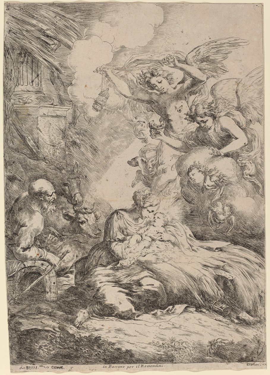 Den heliga familjen älskad av änglar Den stora födseln. av Bartolomeo Biscaino