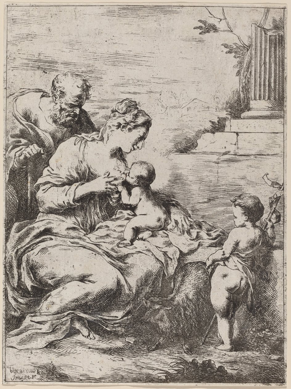 Den heliga familjen med Saint John. av Bartolomeo Biscaino