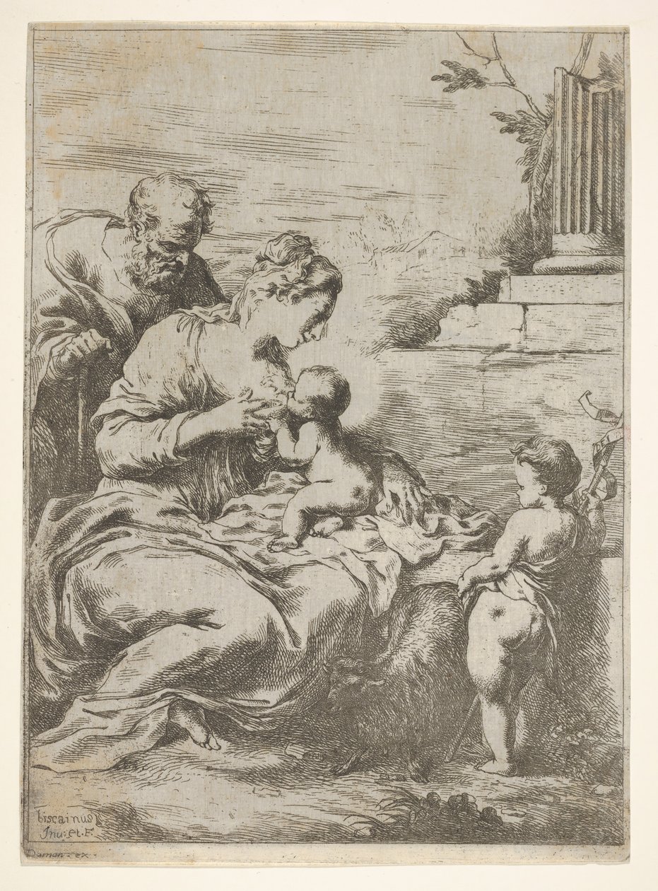 Den heliga familjen med spädbarnet Johannes Döparen till höger, 1650-57. av Bartolomeo Biscaino