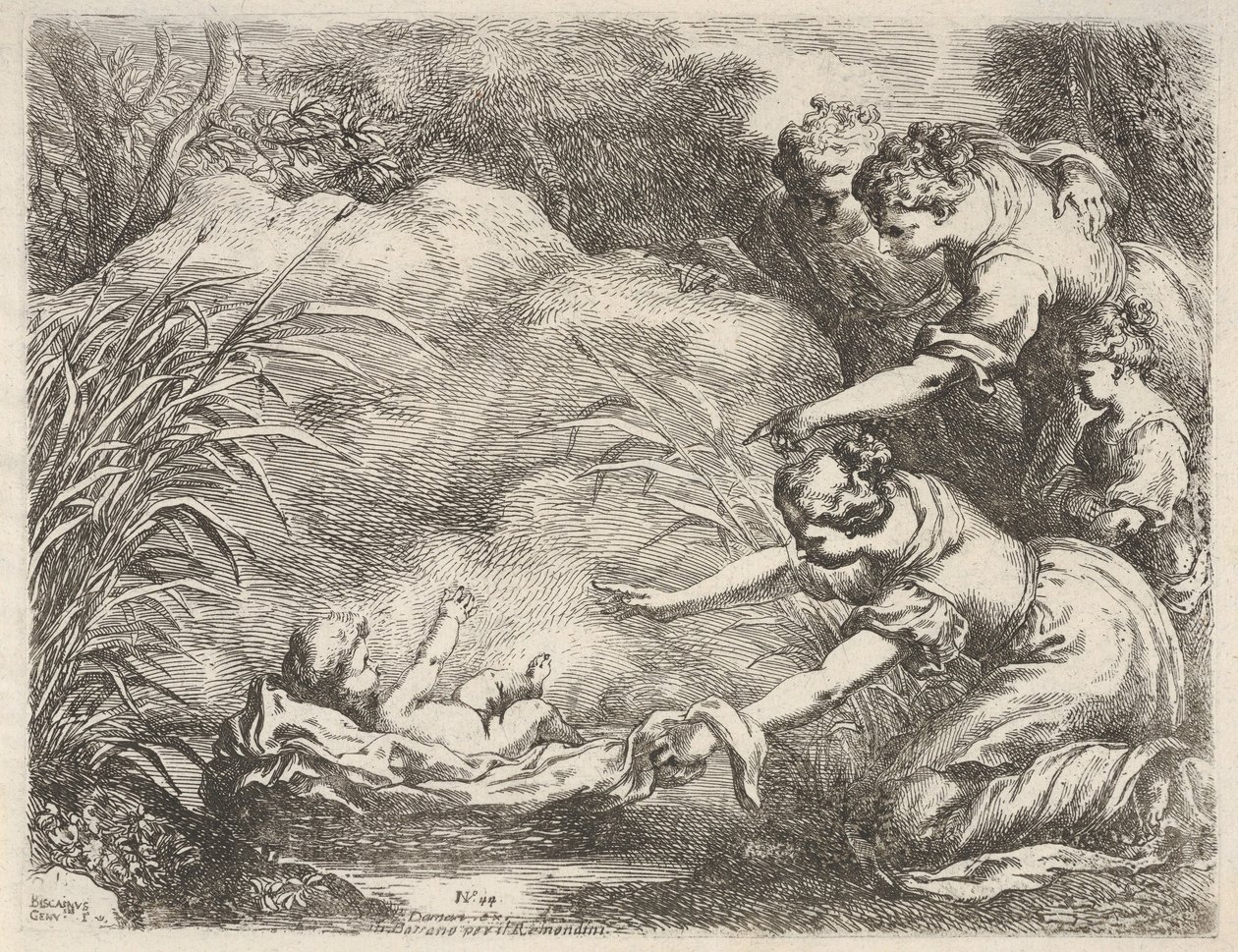 Fyndet av Moses som räddades från Nilen av Faraos daugs tjänarinnor, 1650-57. av Bartolomeo Biscaino