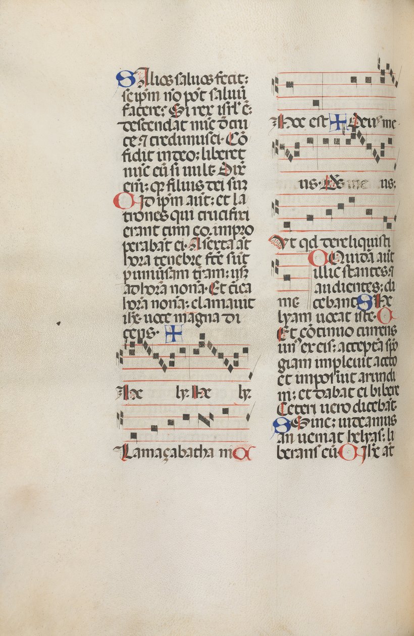 Missale: Fol. 121v: innehåller musik för Hely Hely Lama etc. inom St. Mattion Passion, 1469. av Bartolomeo Caporali