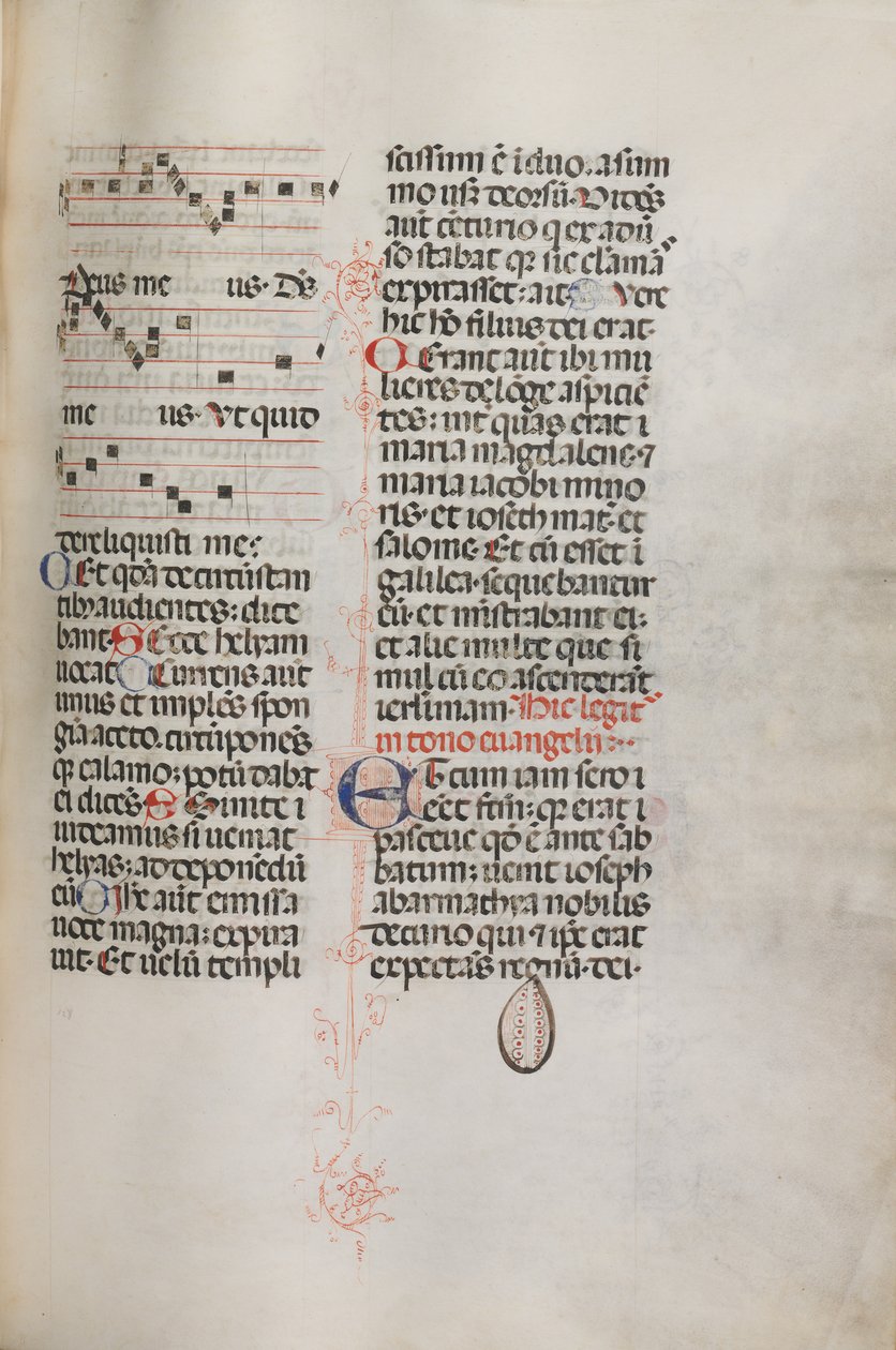 Missale: Fol. 129: innehåller musik för Hely Hely Lama etc. inom St. Mattion Passion, 1469. av Bartolomeo Caporali