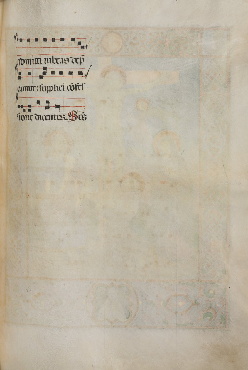 Missale: Fol. 185: Kors, lövverk och musik för olika vanliga böner, 1469. av Bartolomeo Caporali