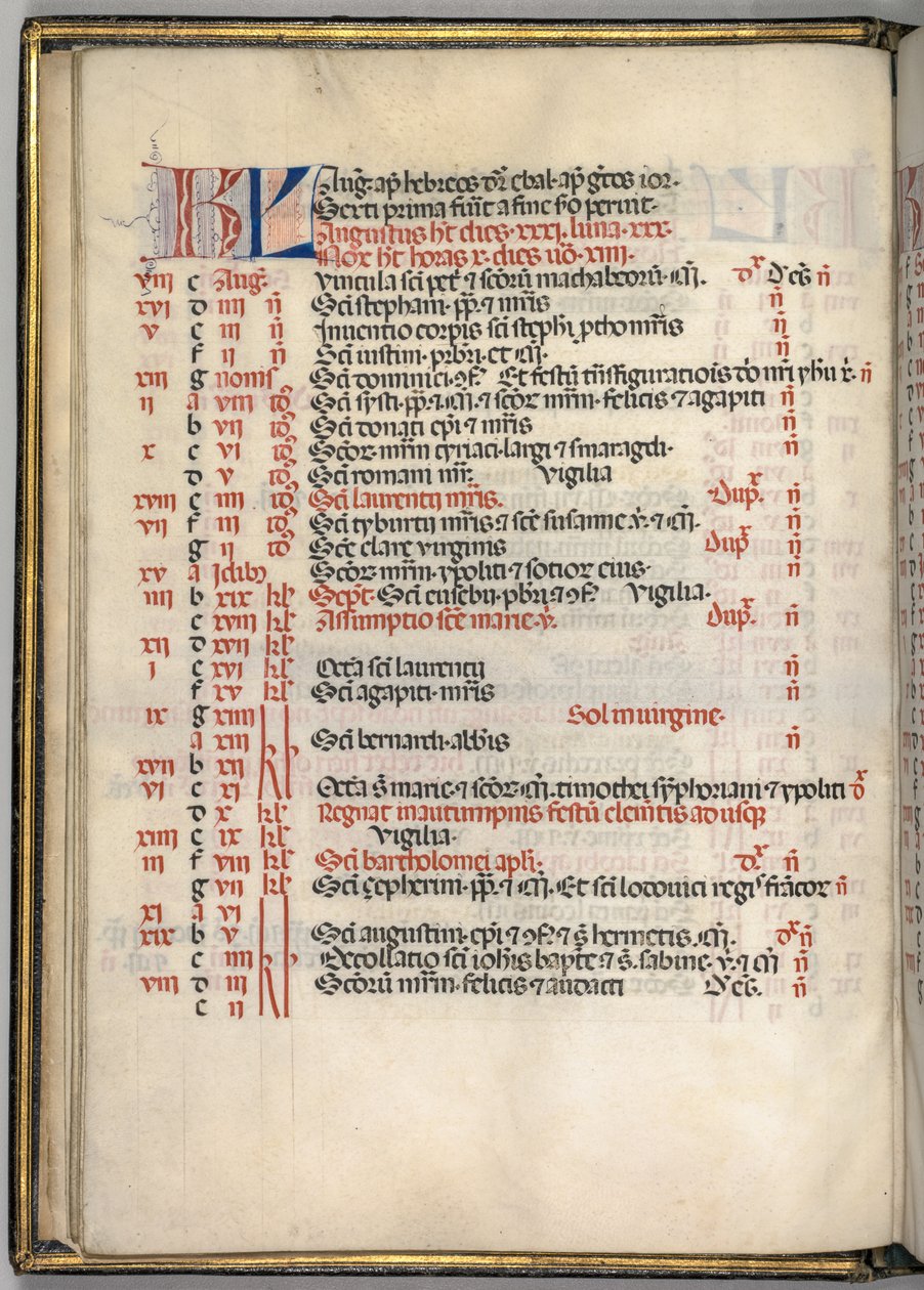 Missale: Höst. :: Augusti kalendersida, ೧೪೬೯. av Bartolomeo Caporali