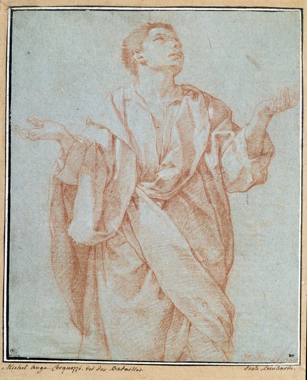 Man drapera, armarna öppna, ögonen höjda mot himlen, huvudet lutar Teckning a la sanguine av Bartolomeo Cesi (1556-1620) Dim. 0,28 x 0,23 m Paris. Louvren av Bartolomeo Cesi