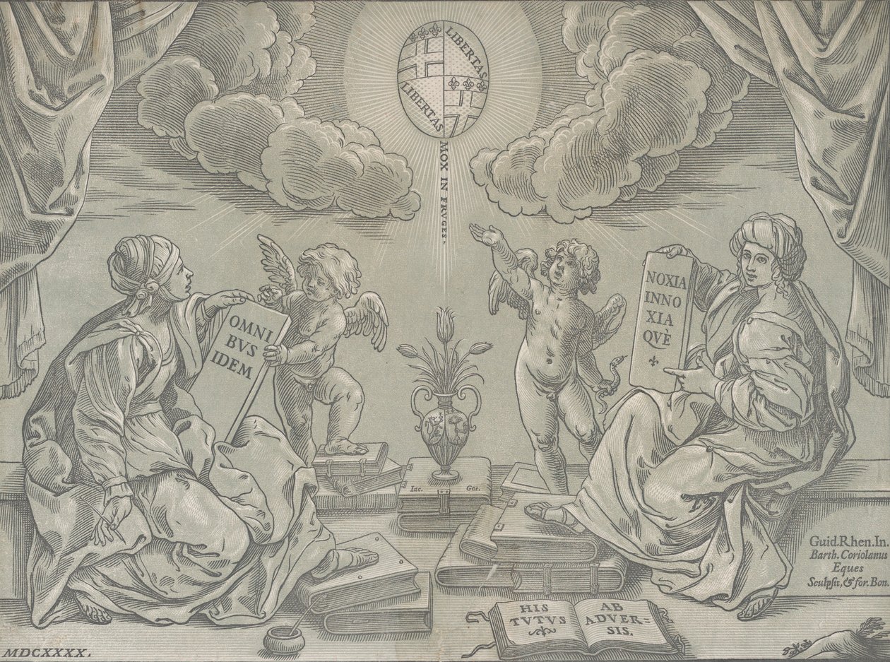 Allegori av en avhandling, två kvinnor håller inskrivna tavlor, 1640. av Bartolomeo Coriolano