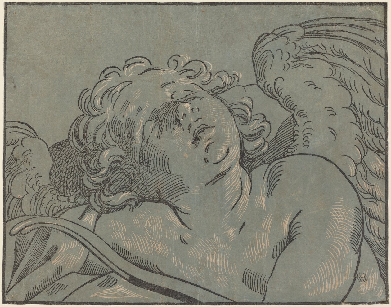 Cupid sover av Bartolomeo Coriolano after Guido Reni