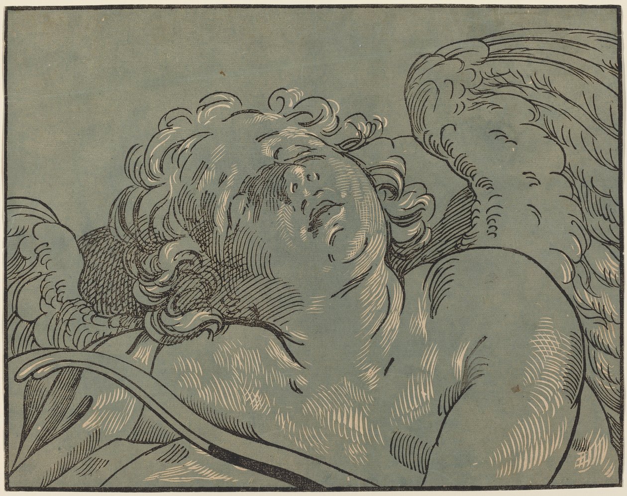 Cupid sover av Bartolomeo Coriolano after Guido Reni