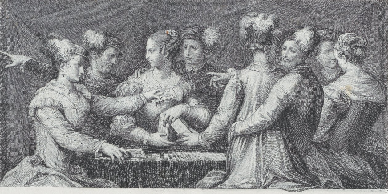 En grupp elegant klädda personer som spelar kort, 1740-68 av Bartolomeo Crivellari
