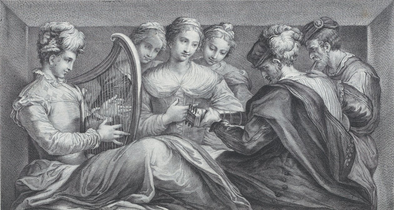 En grupp elegant klädda människor som spelar harpa och gitarr, 1740-68 av Bartolomeo Crivellari