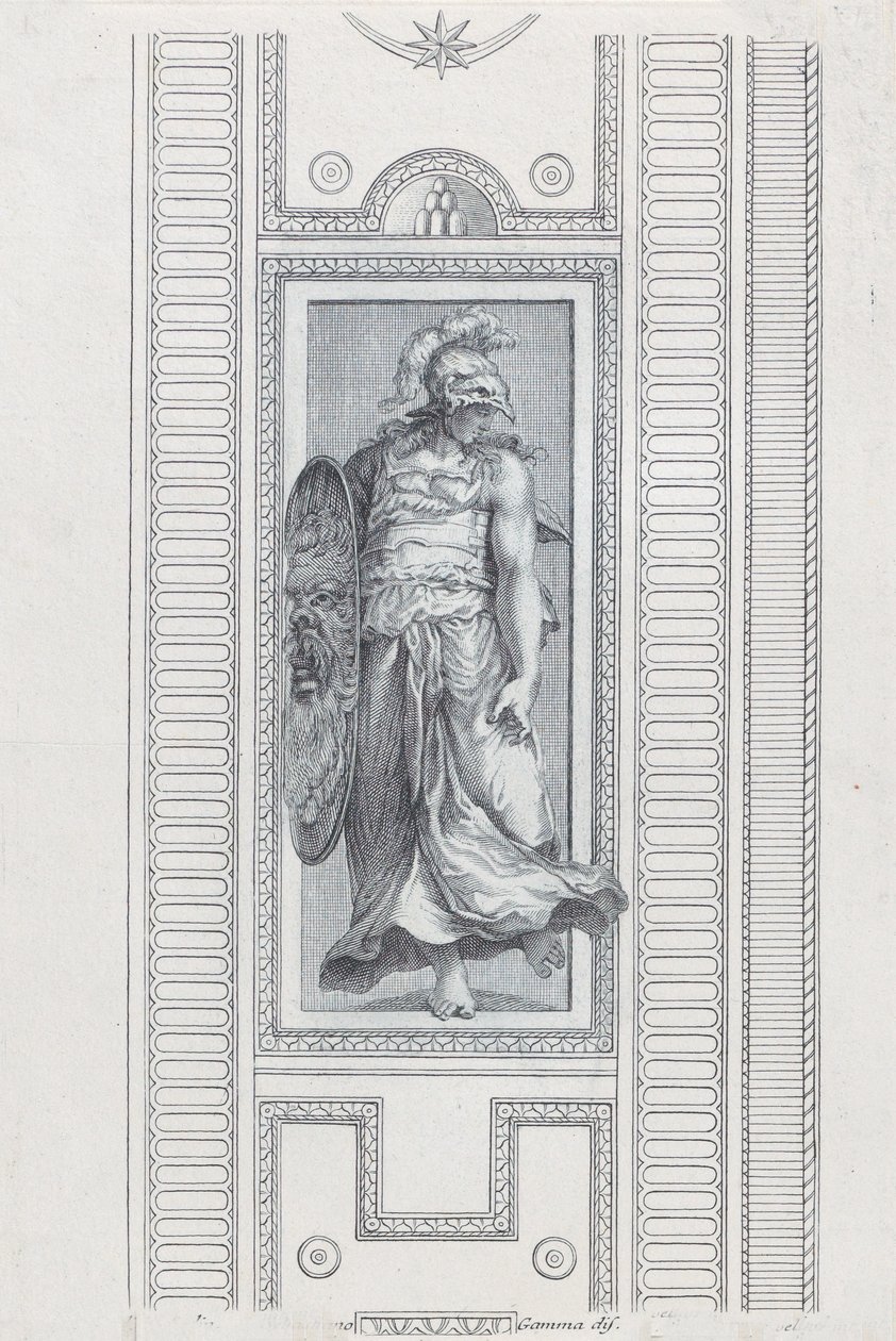 Skylt 15: mytologisk figur som bär en hjälm och håller en sköld, 1756 av Bartolomeo Crivellari