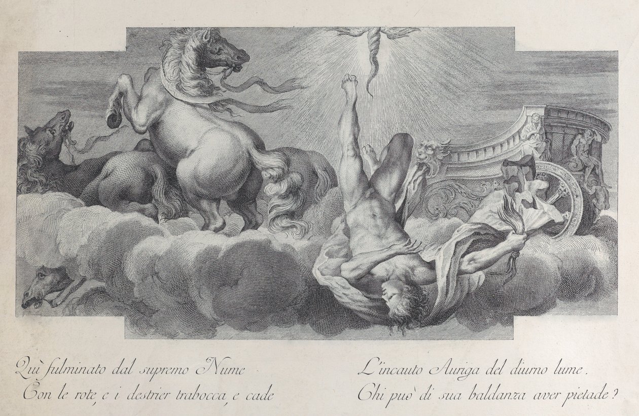 Plåt 34: Auriga, vagnföraren, faller från vagnen i mitten, med tre hästar vid l..., 1756 av Bartolomeo Crivellari