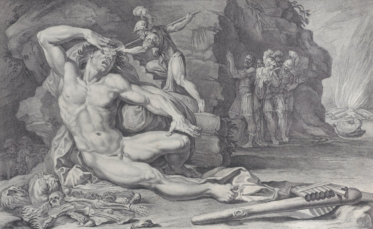 Plåt 6: Ulysses slår in en brinnande påle i Polyphemus öga, 1756 av Bartolomeo Crivellari