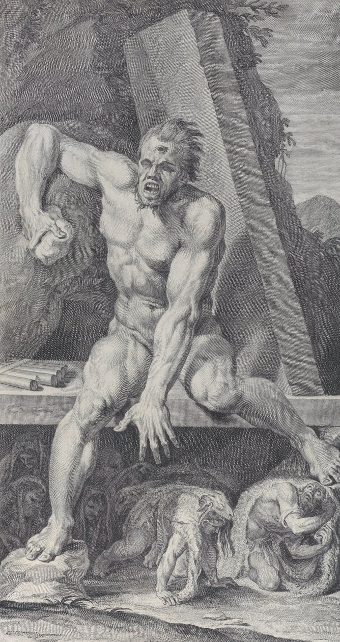 Plåt 7: den förblindade Polyfemos, som vaktar ingången till sin grotta, med Ulysses och hans..., 1756 av Bartolomeo Crivellari
