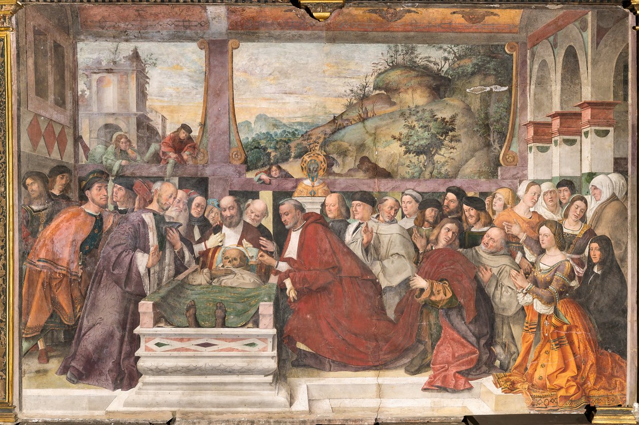 Kardinal Guido av Monfort öppnar helgonets ark, helgonets skola av Bartolomeo Montagna