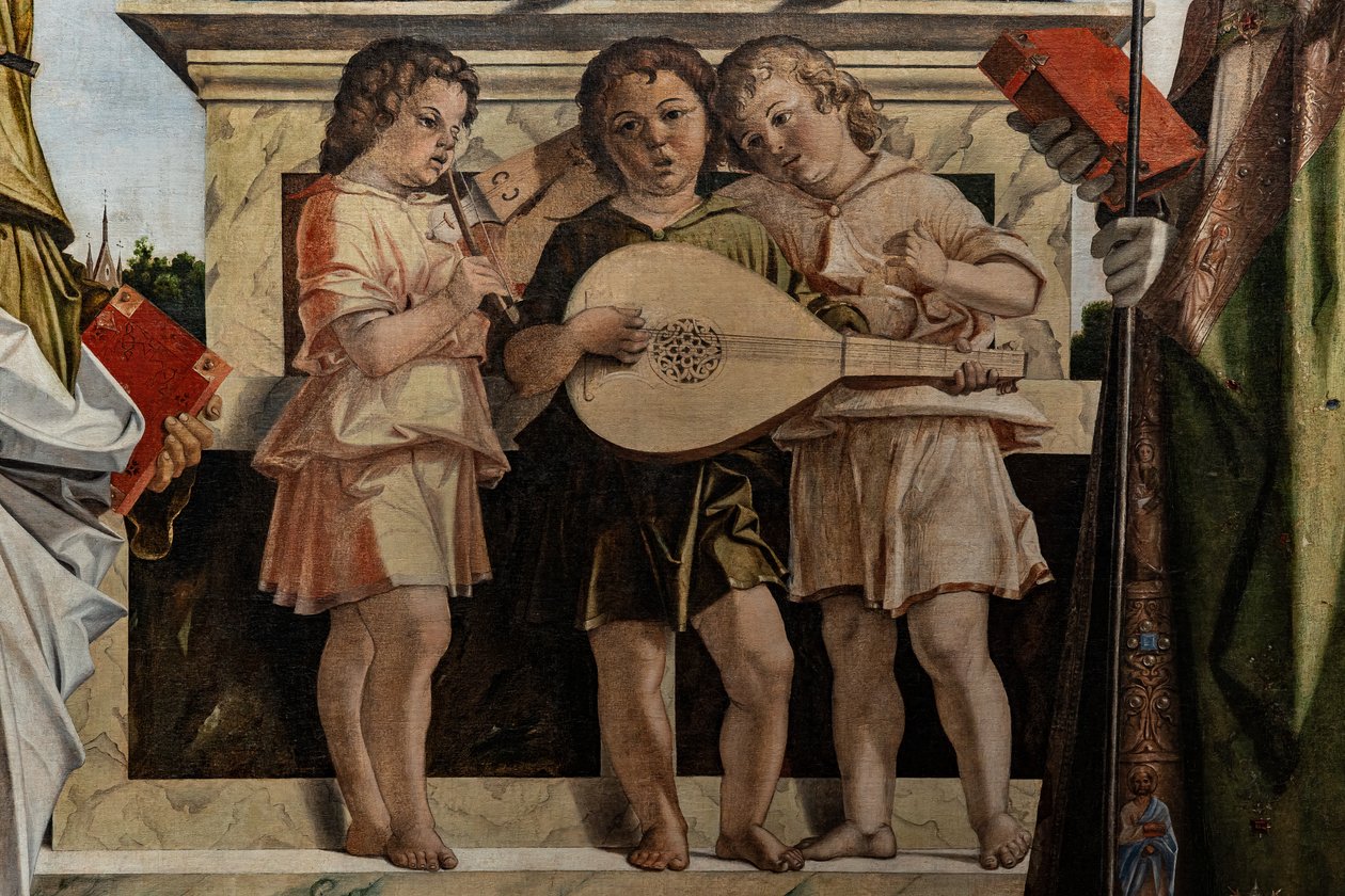 Trönade Madonna med Jesusbarnet bland heliga, detalj av Bartolomeo Montagna