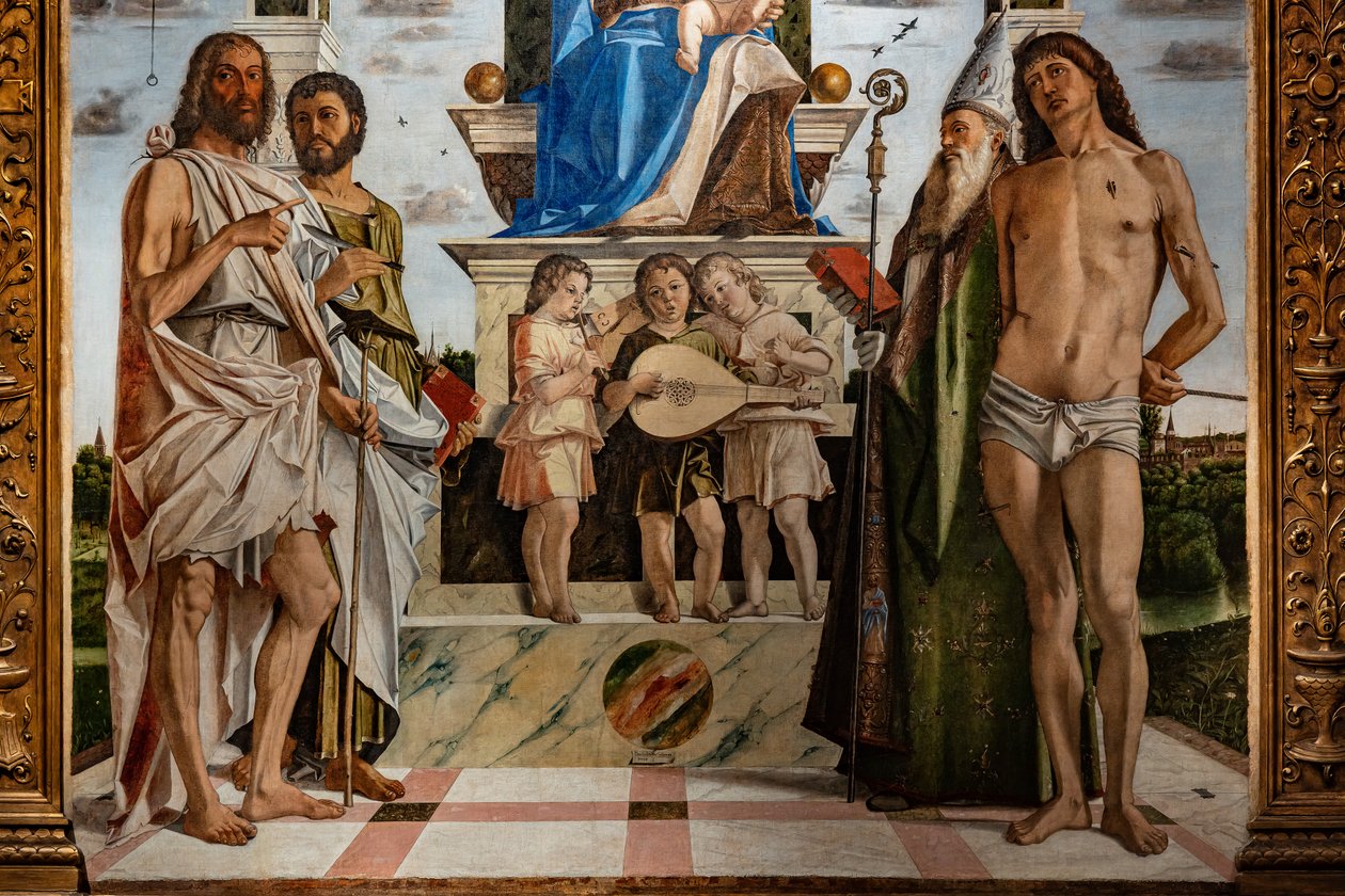Trönade Madonna med Jesusbarnet bland heliga, detalj av Bartolomeo Montagna